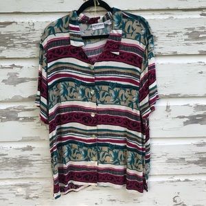 Vintage patterned collared button up oversized tee plus size rayon summer spring